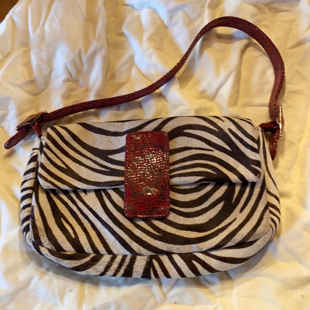 Clever Carriage zebra print fur bag w/ red snake embossed leather strap & accent